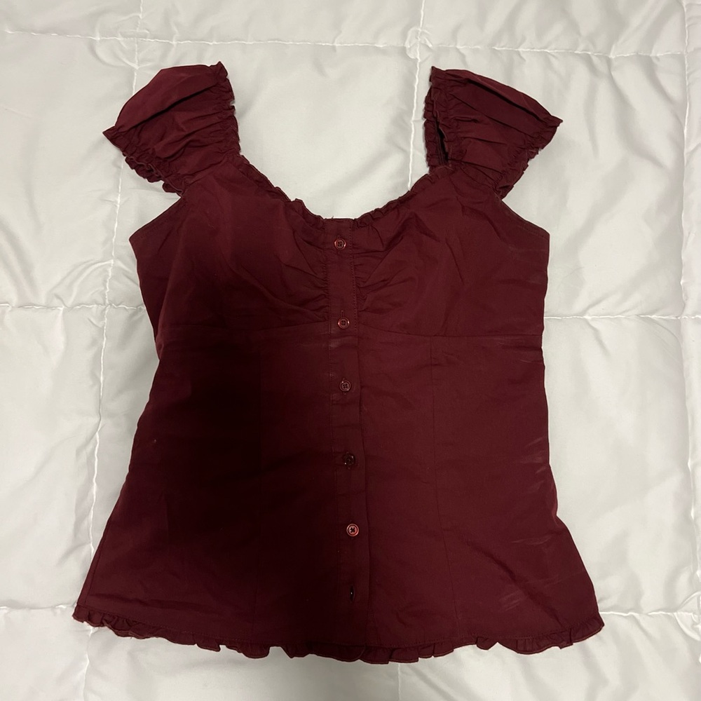 Hollister Deep Burgundy Button-Front Ruffle Sleeve Top